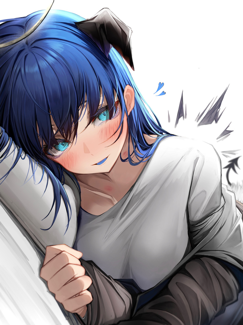 1girl absurdres aqua_eyes arknights black_horns blue_hair breasts collarbone halo highres horns looking_at_viewer lying medium_breasts medium_hair mostima_(arknights) on_side pillow shirt simple_background smile tab_head tail white_background white_shirt