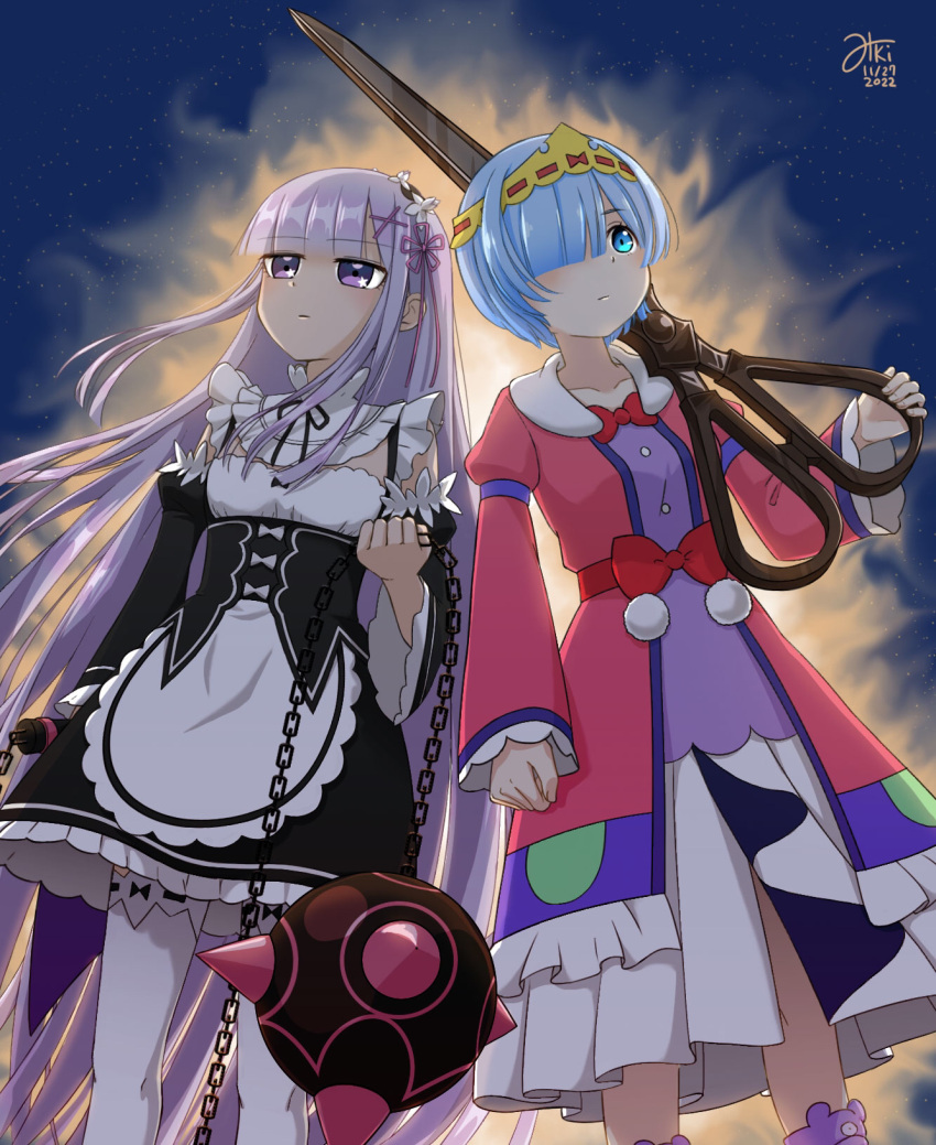 2girls aurora_sya_lis_kaymin aurora_sya_lis_kaymin_(cosplay) ball_and_chain_(weapon) blue_eyes blue_hair bow breasts cosplay costume_switch dated detached_sleeves grey_hair hair_ornament hair_over_one_eye headband highres holding holding_scissors long_sleeves maid maou-jou_de_oyasumi miki_(pixiv67730468) minase_inori multiple_girls outdoors pantyhose purple_eyes re:zero_kara_hajimeru_isekai_seikatsu red_bow rem_(re:zero) rem_(re:zero)_(cosplay) scissors small_breasts standing white_pantyhose x_hair_ornament yellow_headband