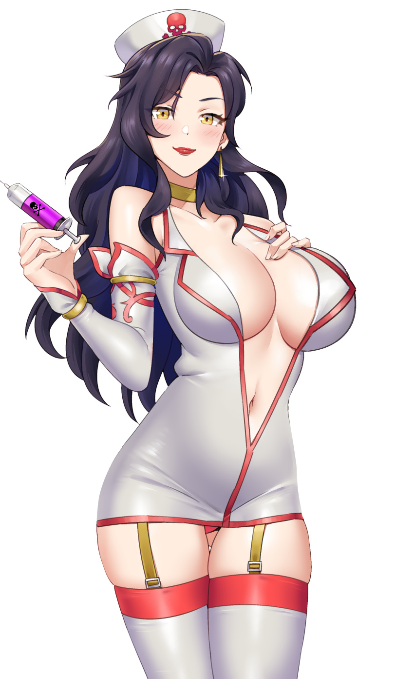 1girl absurdres ass_visible_through_thighs bare_shoulders black_hair blush breasts bridal_gauntlets cleavage collar collarbone commission commissioner_upload detached_sleeves dress earrings fire_emblem fire_emblem:_the_blazing_blade garter_straps gloves hand_on_own_chest hat highres holding holding_syringe igni_tion jewelry large_breasts lipstick long_hair looking_at_viewer makeup mature_female navel non-web_source nurse nurse_cap official_alternate_costume panties plunging_neckline poison red_lips red_panties red_trim revealing_clothes skindentation skull_and_crossbones smile solo sonia_(fire_emblem) syringe thighhighs thighs tight_clothes transparent_background underwear white_dress white_gloves white_thighhighs yellow_eyes