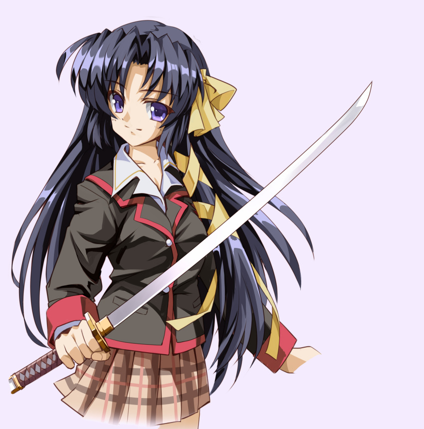 1girl arm_at_side black_hair black_jacket blazer bow brown_skirt closed_mouth collared_shirt commentary cowboy_shot fighting_stance hair_bow hair_ribbon highres holding holding_sword holding_weapon jacket katana kurugaya_yuiko little_busters! little_busters!_school_uniform long_hair long_sleeves longmei_er_de_tuzi looking_at_viewer miniskirt parted_bangs pink_background plaid plaid_skirt purple_eyes retro_artstyle ribbon school_uniform shirt simple_background skirt smile solo split_mouth standing straight_hair sword very_long_hair weapon white_shirt yellow_bow yellow_ribbon