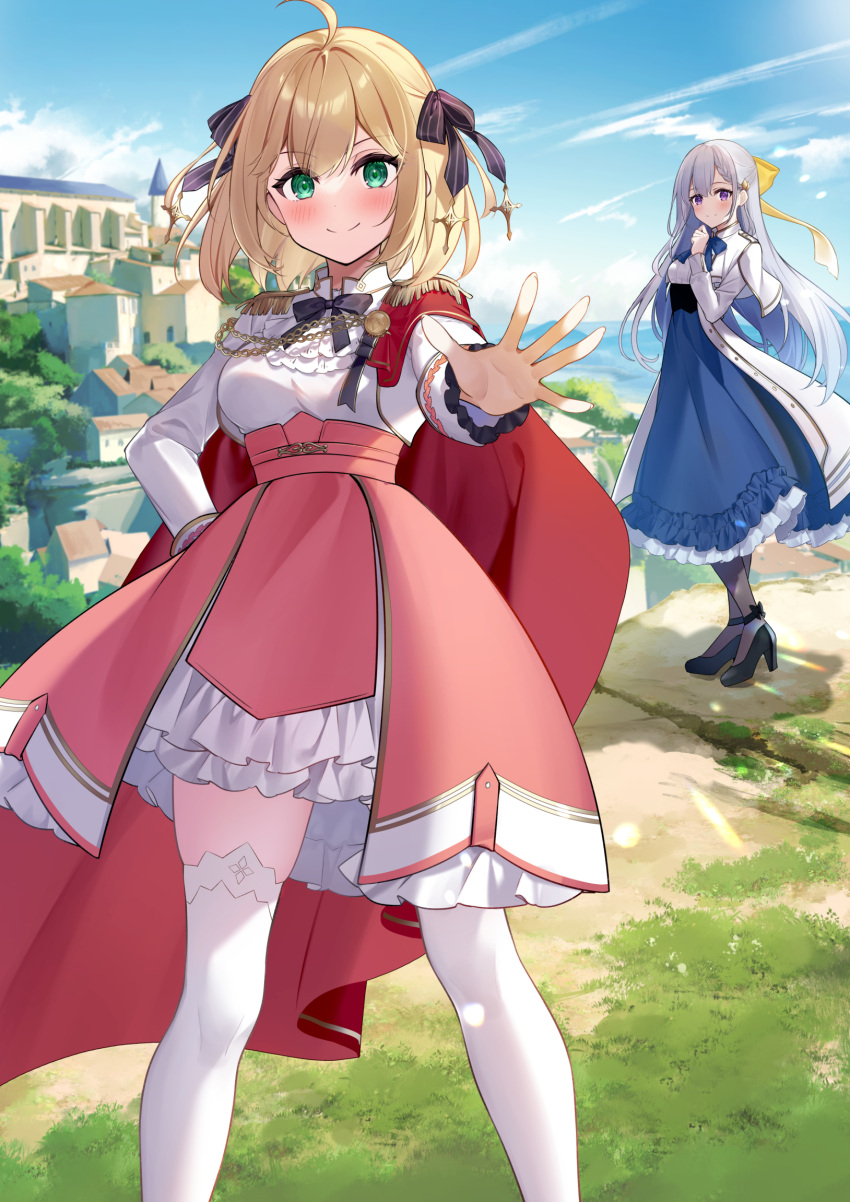 2girls ahoge anisphia_wynn_palettia ascot black_bow black_bowtie black_footwear black_pantyhose black_ribbon blonde_hair blue_bow blue_bowtie blue_hair blue_skirt blue_sky blurry blurry_background blush bow bowtie braid braided_bangs cape capelet castle closed_mouth cloud collared_capelet commentary_request day dot_nose epaulettes euphyllia_magenta frilled_skirt frills green_eyes hair_bow hair_ribbon hand_on_own_hip high-waist_skirt high_heels highres house kisaragi_yuri lens_flare light_blue_hair long_hair long_skirt long_sleeves looking_at_viewer medium_bangs multiple_girls open_hand outdoors outstretched_arm pantyhose pink_skirt purple_eyes red_cape ribbon shirt shirt_tucked_in short_hair skirt sky smile split_mouth standing tensei_oujo_to_tensai_reijou_no_mahou_kakumei thighhighs two_side_up white_ascot white_capelet white_shirt white_thighhighs yellow_bow