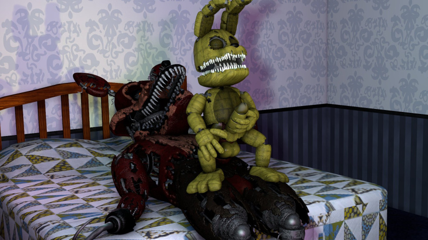 anal animatronic aroused bed bedroom black_eyes canid canine duo five_nights_at_freddy's five_nights_at_freddy's_4 fox furniture green_body hi_res humanoid knot_sitting lying machine male male/male mammal nightmare_foxy_(fnaf) on_back on_bottom on_lap on_top pirate plushtrap_(fnaf) red_body reverse_cowgirl_position robot scottgames sex sitting_on_lap yellow_eyes