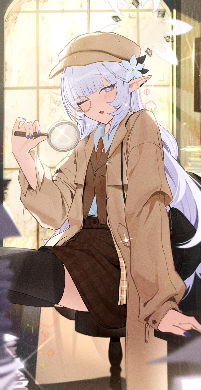 1girl ;o absurdres alternate_costume arm_support black_thighhighs blue_archive blurry brown_coat brown_vest coat commentary dark_skin depth_of_field detective earclip fingernails flower glint hair_flower hair_ornament halo highres himari_(blue_archive) holding holding_magnifying_glass indoors light_purple_hair long_hair looking_at_viewer magnifying_glass monocle nail_polish necktie one_eye_closed paper_stack pointy_ears solo symbol-only_commentary thighhighs trench_coat very_long_hair vest zanya_000