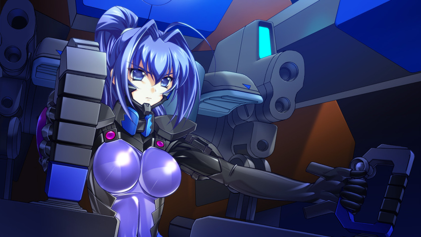 1girl blue_eyes blue_hair bodysuit bou breasts cockpit fortified_suit game_cg hayase_mitsuki highres large_breasts long_hair mecha muv-luv muv-luv_alternative official_art pilot_suit ponytail purple_bodysuit robot sitting solo