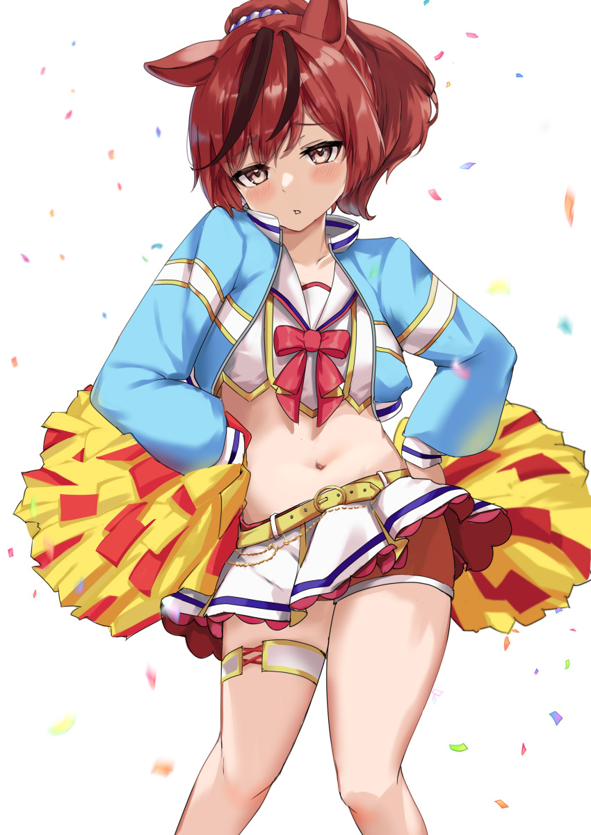 1girl absurdres animal_ears bandeau blue_jacket blush bow breasts brown_eyes cheerleader commentary_request confetti cropped_jacket feet_out_of_frame hands_on_own_hips highres horse_ears horse_girl jacket long_sleeves looking_at_viewer medium_hair midriff miyama_mizuki_(hoshihoshi1220) navel nice_nature_(run&amp;win)_(umamusume) nice_nature_(umamusume) official_alternate_costume open_clothes open_jacket orange_shorts parted_lips pom_pom_(cheerleading) ponytail red_bow red_hair shorts skirt small_breasts solo strap thigh_strap umamusume white_background white_bandeau white_skirt