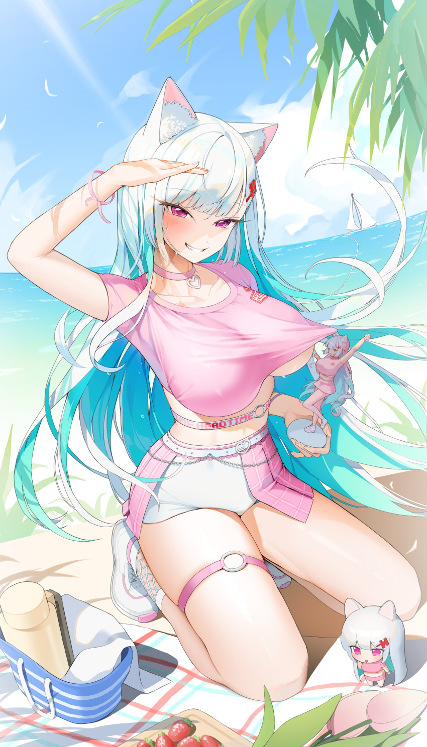 1girl absurdres animal_ear_fluff animal_ears arm_up bare_legs basket bbakasatang beach beach_mat belt blue_hair breasts cat_ears character_doll choker clothes_pull colored_inner_hair crop_top day figure fishnet_socks fishnets grin hair_ornament hairclip heart heart_choker hero_time highres kneeling large_breasts legs long_hair looking_at_viewer micro_shorts midriff miniskirt multicolored_hair original outdoors overskirt pink_choker pink_eyes pink_shirt pink_skirt shading_eyes shirt shirt_pull shoes short_shorts short_sleeves shorts shorts_under_skirt showgirl_skirt skirt smile sneakers socks solo sunlight sweat taut_clothes taut_shirt thigh_strap thighs underboob very_long_hair white_footwear white_hair white_shorts