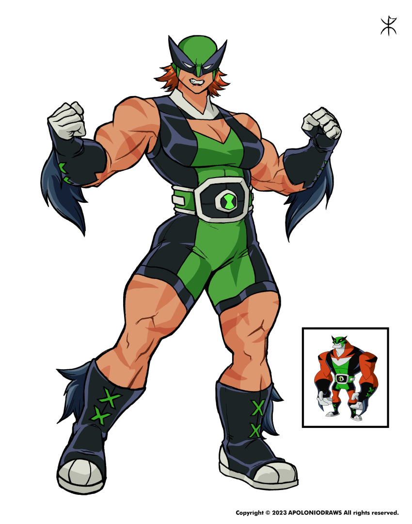 1girl absurdres angry apoloniodraws belt ben_10 black_fur breasts cleavage flexing genderswap genderswap_(mtf) highres luchador muscular muscular_female omnitrix orange_hair rath_(ben_10) short_hair striped wrestling_mask wrestling_outfit