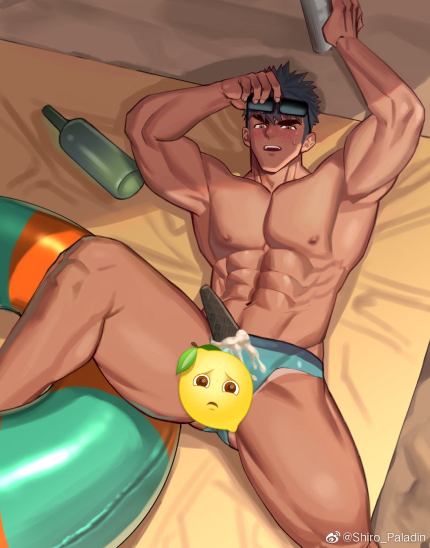 1boy abs armpits arms_up bara beach blush bulge dark-skinned_male dark_skin emoji emoji_censor food_on_body food_on_clothes from_above green_male_swimwear highres innertube large_pectorals lemon_emoji looking_at_viewer lying male_focus male_swimwear muscular muscular_male navel nipples on_back original pectorals sand short_hair sideburns solo spread_legs stomach sunglasses swim_briefs tanline_peek thick_eyebrows thick_thighs thighs topless_male unlikely_accident youchi123