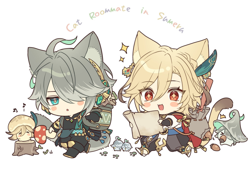 &gt;_&lt; 2boys :d :o ^_^ acorn ahoge alhaitham_(genshin_impact) animal_ear_fluff animal_ears artist_name backpack bag beamed_eighth_notes black_footwear black_gloves black_pants black_shirt blonde_hair blue_sash blush blush_stickers boots braid cape cat_boy cat_ears cat_tail chibi closed_eyes commentary_request earrings eighth_note english_text eyelashes feather_hair_ornament feathers fungi_(genshin_impact) genshin_impact gloves gold_trim green_bag green_cape green_eyes green_hair grey_hair hair_between_eyes hair_ornament hair_over_one_eye headphones highres holding holding_map holding_mushroom jewelry kaveh_(genshin_impact) kokotendon long_hair male_focus map multicolored_hair multiple_boys mushroom musical_note one_eye_covered open_mouth pants parted_bangs paw_print red_cape red_eyes sack sash scroll shirt short_hair sidelocks simple_background single_braid smile sparkle star-shaped_pupils star_(symbol) swept_bangs symbol-shaped_pupils tail tree_stump twitter_username walking white_background white_footwear white_shirt