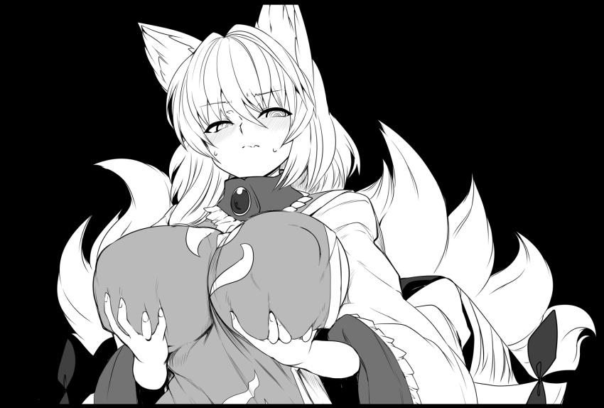 1girl animal_ears black_background blue_tabard blush breasts fox_ears fox_girl fox_tail greyscale highres large_breasts looking_at_viewer mizuga monochrome multiple_tails solo tabard tail touhou trigram yakumo_ran