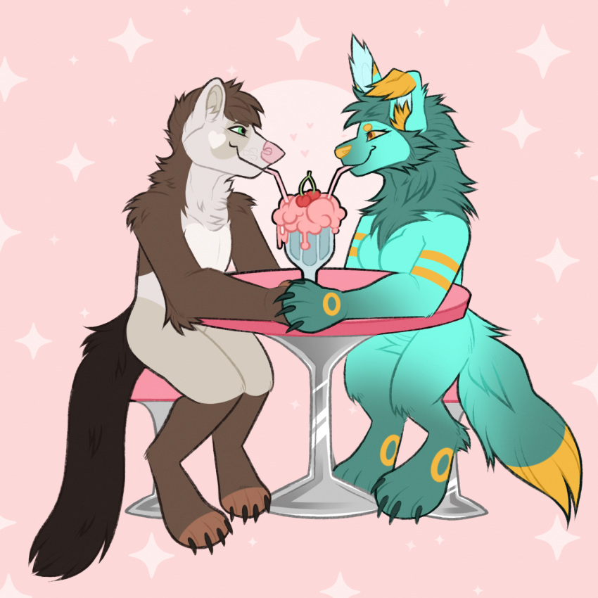 anthro beverage blue_body blue_fur brown_body brown_fur canid canine canis domestic_ferret drinking duo female ferretteacreations fur green_eyes hand_holding hi_res hybrid kaitlyn_(kaito) kylie_(kyliebobile) lagomorph leporid male mammal milkshake mustelid musteline paws rabbit romantic romantic_couple stare true_musteline weasel wolf