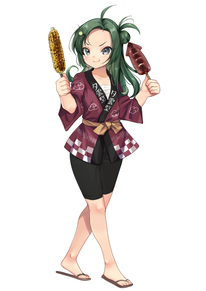 1girl absurdres ahoge alternate_costume bike_shorts black_shorts clothes_writing cloud_print corn cowboy_shot double_bun forehead green_eyes green_hair grilled_corn hair_bun happi highres holding ikayaki japanese_clothes kantai_collection long_hair makinami_(kancolle) sandals sarashi shorts simple_background solo standing white_background yashin_(yasinz)