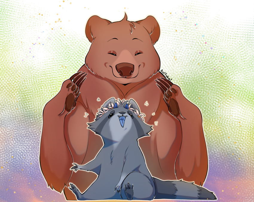 absurd_res ambiguous_gender aoiyokai bear bear_claws brown_body brown_fur canid canine claws colorful colorful_background demon duo feral feral_only flower flower_crown fur grey_body grey_fur happy hi_res looking_down_at_partner looking_up_at_partner mammal pawpads plant raccoon_dog sitting smiling_at_each_other smiling_at_partner tanuki