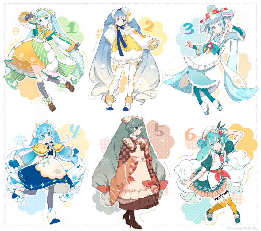 6+girls :3 :o agonasubi ankle_cuffs apron aqua_bow aqua_eyes aqua_footwear aqua_hair aqua_kimono aqua_ribbon aqua_skirt aqua_sleeves argyle argyle_pantyhose argyle_sleeves badge bare_shoulders beamed_eighth_notes bell bell_pepper black_gloves black_pantyhose black_socks blue_bow blue_bowtie blue_eyes blue_footwear blue_hair blue_headwear blue_ribbon blue_skirt blue_socks blunt_bangs boots bow bowtie braid brown_footwear brown_kimono brown_ribbon button_badge buttons capelet carrot center_frills checkered_clothes checkered_kimono cheese cheese_wheel coattails commentary contrapposto cowbell cross-laced_footwear curly_hair double_bun earrings egg_(food) eighth_note fake_horns fondue food food-themed_hair_ornament food_on_face food_print fork_hair_ornament frilled_apron frilled_shirt frills full_body fur-trimmed_boots fur-trimmed_capelet fur-trimmed_footwear fur-trimmed_skirt fur_trim gloves gold_trim gradient_hair green_eyes green_hair green_pepper green_ribbon green_skirt hair_bow hair_bun hair_ornament hair_ribbon hair_rings hairclip hand_on_own_chest hand_up hardboiled_egg hatsune_miku high_heel_boots high_heels highres hoop_skirt horns ice_cream_cone ichimegasa ikura_(food) japanese_clothes jewelry kappougi kimono kneehighs lace-up_boots large_hat layered_skirt leaning_forward leaning_to_the_side leg_up light_blue_hair light_blush long_hair looking_at_viewer lotus_root low_twin_braids medal melting mittens multicolored_hair multiple_girls multiple_persona musical_note musical_note_hair_ornament neck_bell neck_ribbon necktie obi orange_capelet orange_hair orange_skirt orange_thighhighs outstretched_arm outstretched_arms pantyhose pink_bow pink_necktie pink_ribbon pom_pom_(clothes) puffy_short_sleeves puffy_sleeves quilted_clothes red_bow ribbon rice rice_(plant) rice_on_face rope running sandals sash scallop shirt short_necktie short_sleeves shrimp sideways_glance skirt smile snowflake_ornament snowflake_print socks spoon_hair_ornament sprinkles squash star-shaped_food streaked_hair striped striped_bow striped_bowtie striped_necktie striped_skirt striped_sleeves striped_socks swiss_cheese thighhighs twin_braids twintails vertical-striped_socks vertical_stripes very_long_hair vocaloid waffle_cone wavy_hair white_apron white_background white_bow white_footwear white_hair white_headdress white_headwear white_mittens white_pantyhose white_ribbon white_shirt white_socks wide_sleeves yellow_capelet yellow_shirt yuki_miku yuki_miku_(2024)