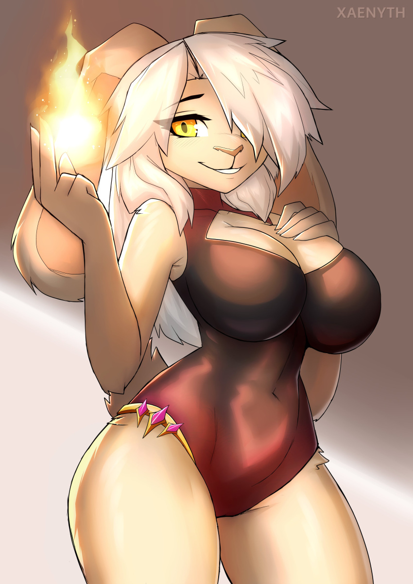 absurd_res anthro casting_spell cleavage_cutout clothing elemental_manipulation female fire fire_manipulation fireball fur hair hi_res lagomorph leotard leporid long_hair magic_user mammal rabbit solo tan_body tan_fur white_hair xaenyth yellow_eyes