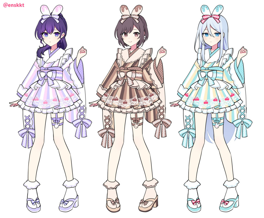 3girls alternate_color animal_ears arm_at_side asahina_mafuyu back_bow blue_footwear blue_kimono bow braid brown_bow brown_eyes brown_footwear brown_hair brown_kimono brown_socks cherry_print closed_mouth commentary_request cross-laced_clothes cross-laced_sleeves fake_animal_ears food_print footwear_bow frilled_kimono frilled_socks frills full_body grey_footwear hair_between_eyes hair_bow hand_up high_ponytail highres japanese_clothes kimono looking_at_viewer multiple_girls project_sekai purple_bow purple_eyes purple_hair purple_kimono rabbit_ears sandals sash_bow shinonome_ena short_kimono simple_background smile socks tabi thigh_strap waka_(wk4444) white_background white_hair white_socks wide_sleeves yoisaki_kanade