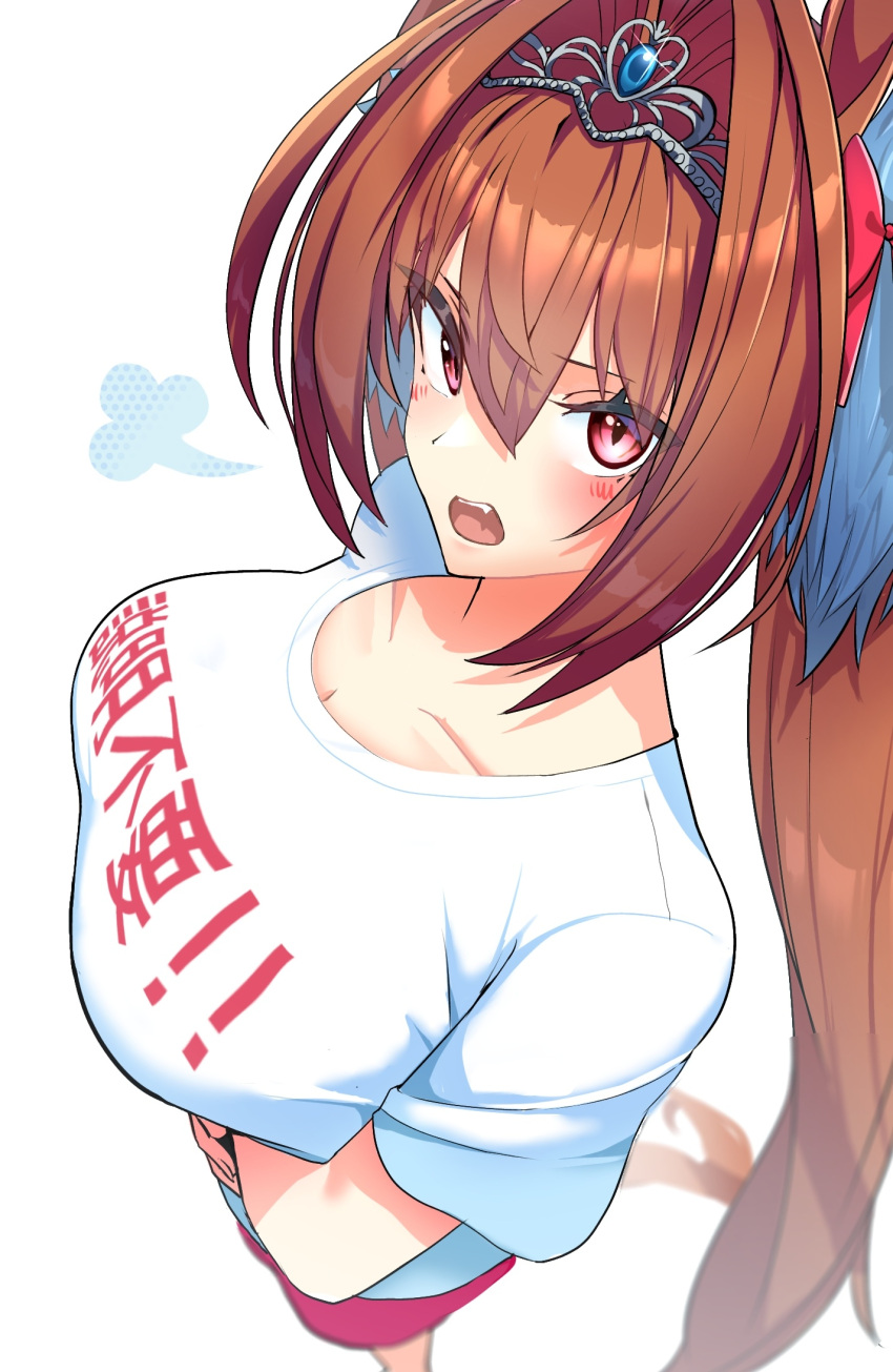 1girl =3 animal_ears arms_under_breasts blurry blush breast_hold breasts brown_hair cleavage clothes_writing collarbone daiwa_scarlet_(umamusume) depth_of_field from_above glint hair_intakes highres horse_ears horse_girl horse_tail large_breasts long_hair looking_at_viewer looking_up open_mouth pink_shorts red_eyes shirt short_sleeves shorts simple_background solo standing tail takuan_(taku1219oekaki) tiara twintails umamusume very_long_hair white_background white_shirt