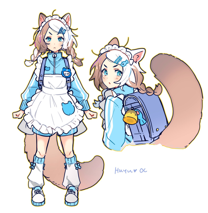 1girl angry animal_ears apron backpack bag blue_eyes blue_jacket blue_shorts braid brown_hair cat_ears cat_girl cat_tail commentary cropped_torso english_commentary fish_hair_ornament full_body hair_ornament hairclip highres jacket leg_warmers maid maid_headdress multicolored_hair multiple_views name_tag original pout randoseru shoes short_hair shorts signature simple_background sneakers tail track_jacket twin_braids two-tone_hair wed_(lim38869577) white_apron white_background white_footwear white_hair