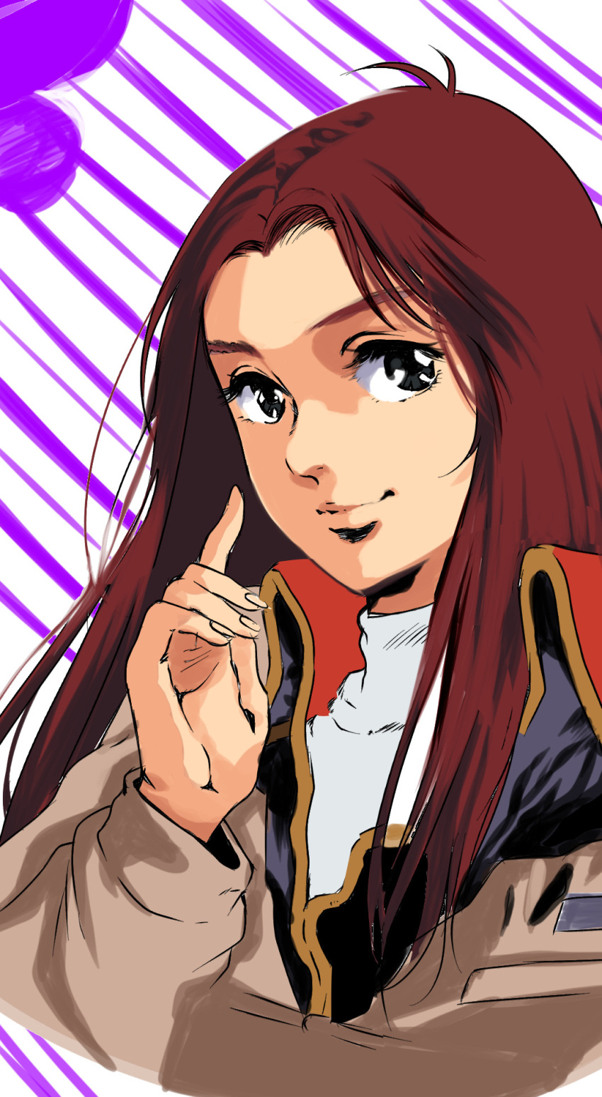 1980s_(style) 1girl black_eyes christina_mackenzie commentary_request earth_federation gundam gundam_0080 highres jacket long_hair looking_at_viewer mikimoto_haruhiko_(style) military military_uniform natin portrait red_hair retro_artstyle science_fiction uniform upper_body