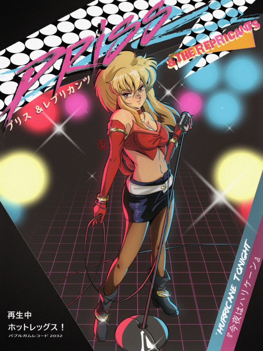 1girl absurdres armlet black_shorts blonde_hair bracelet bubblegum_crisis english_text fritz_willie grid_background highres holding holding_microphone jewelry long_hair microphone microphone_stand navel priscilla_asagiri shorts solo sparkle spotlight wire