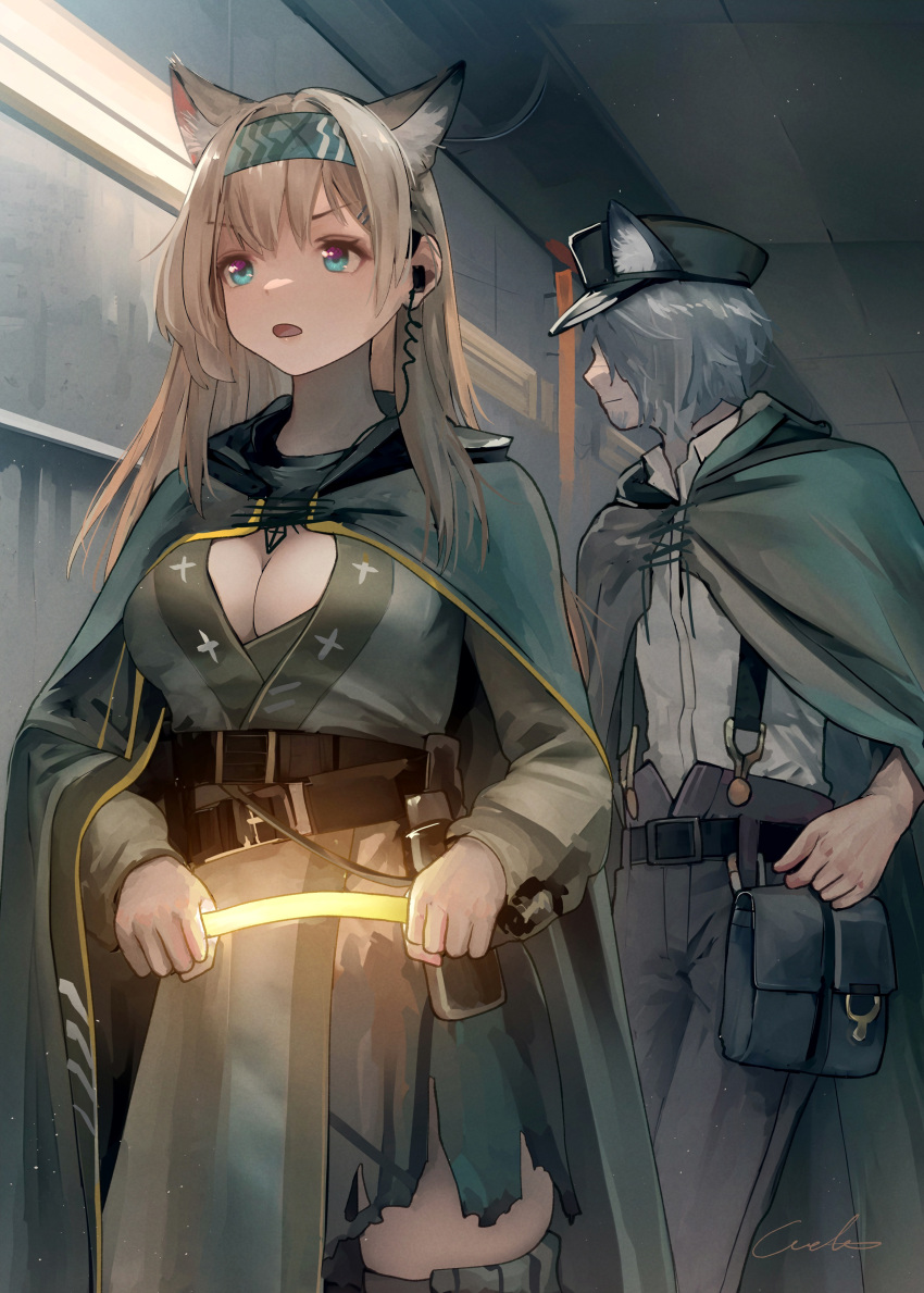1boy 1girl absurdres animal_ears arknights bangs belt black_belt black_headwear blonde_hair blue_eyes breasts cape cleavage commentary_request cowboy_shot dress glowstick grey_cape grey_dress grey_hair grey_pants hairband hat highres holding horn_(arknights) indoors large_breasts long_hair long_sleeves open_mouth pants peaked_cap pouch shirt standing welt_(kinsei_koutenkyoku) white_shirt wolf_ears