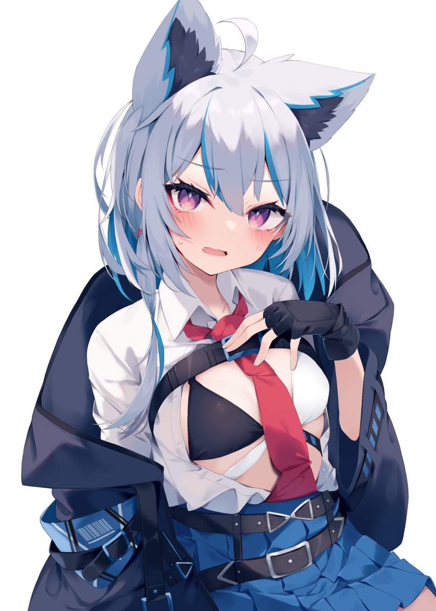 1girl absurdres ahoge animal_ear_fluff animal_ears belt belt_buckle bikini black_belt black_bikini black_gloves black_jacket blue_hair blue_skirt blush breasts buckle collared_shirt commentary_request dress_shirt fang fingerless_gloves gloves grey_hair hair_between_eyes highres jacket long_sleeves looking_at_viewer mismatched_bikini multicolored_hair necktie nibiiro_shizuka off_shoulder open_clothes open_jacket open_mouth open_shirt original pleated_skirt purple_eyes red_necktie shirt simple_background skirt small_breasts solo streaked_hair sweat swimsuit white_background white_bikini white_shirt wide_sleeves