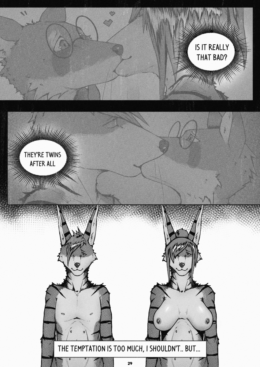 anthro arcsuh black_and_white breasts brother_(lore) canid canine comic dialogue digital_media_(artwork) english_text equid equine eyewear female fur glasses hair hi_res hybrid infidelity kissing lizzy_(arcsuh) lynn_(arcsuh) male male/female male/male mammal monochrome nipples nude open_mouth procyonid raccoon sibling_(lore) simple_background sister_(lore) speech_bubble stripes text zebra zeek_(arcsuh)