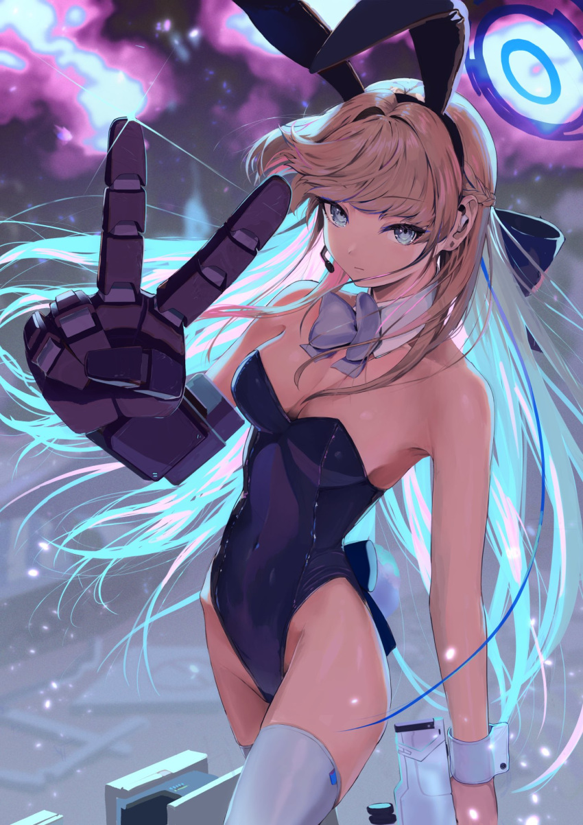 1girl animal_ears aqua_bow aqua_bowtie blonde_hair blue_archive blue_bow blue_eyes blue_leotard bow bowtie breasts closed_mouth collarbone detached_collar earpiece fake_animal_ears floating_hair gloves gun hair_over_shoulder halo hand_up highleg highleg_leotard highres holding holding_gun holding_weapon leotard mechanical_gloves off_shoulder official_alternate_costume pi_(p77777778) playboy_bunny rabbit_ears strapless strapless_leotard thighhighs toki_(blue_archive) toki_(bunny)_(blue_archive) v weapon white_thighhighs