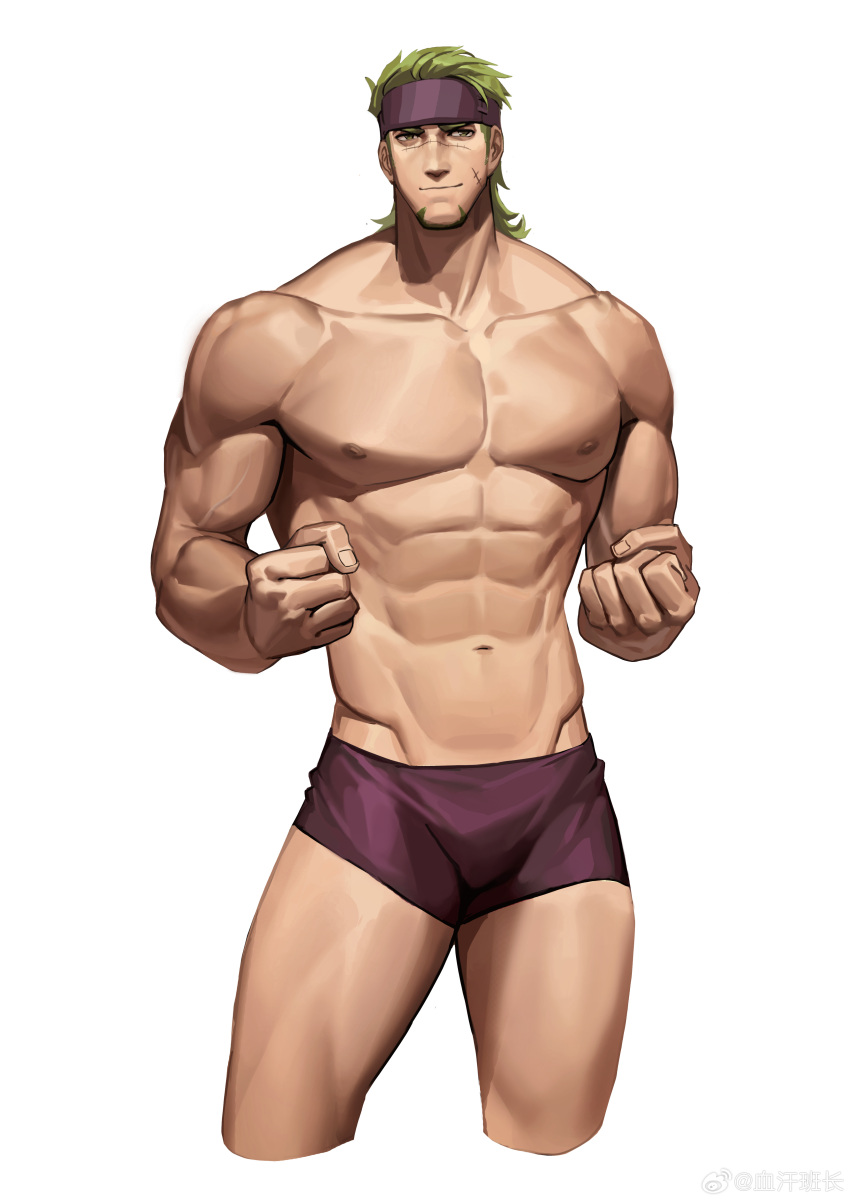 1boy abs absurdres bara boxer_briefs bulge character_request cropped_legs fire_emblem green_hair headband highres large_pectorals long_sideburns male_focus male_underwear mature_male medium_hair muscular muscular_male my_eight navel nipples pectorals purple_headband purple_male_underwear raised_fists sideburns smile solo stomach thick_eyebrows thighs topless_male underwear