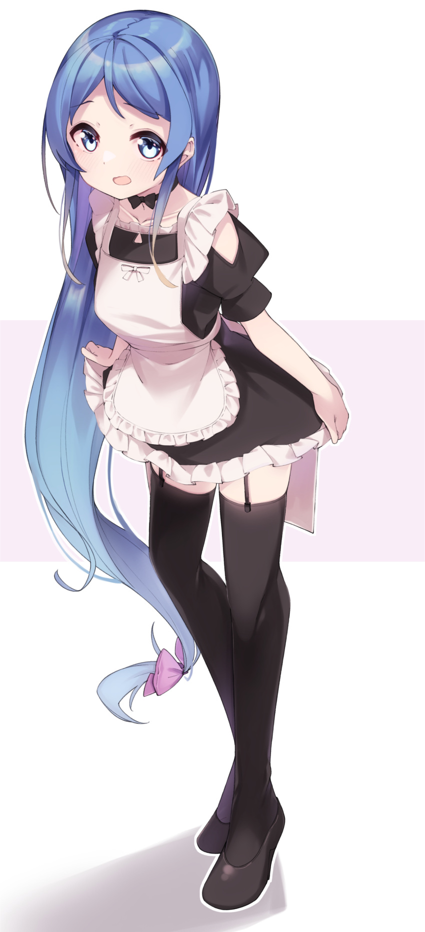 1girl absurdres alternate_costume apron black_dress black_footwear black_thighhighs blue_eyes blue_hair blush dress enmaided frilled_apron frilled_dress frills full_body garter_straps highres kantai_collection long_hair looking_at_viewer maid maid_apron open_mouth puffy_short_sleeves puffy_sleeves samidare_(kancolle) shoes short_sleeves solo thighhighs two-tone_background uut white_apron