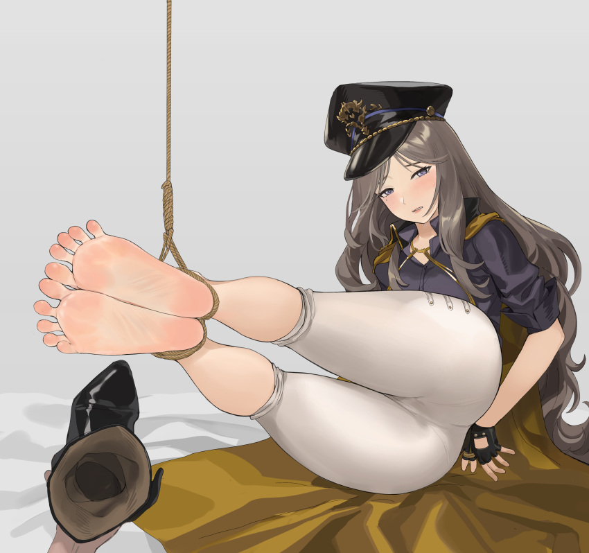 1girl absurdres bdsm bondage bound bound_ankles brown_dust brown_hair chuck_(harfmoondark) gloves hat highres long_hair looking_at_viewer ludmilla_(brown_dust) mole mole_under_eye no_shoes soles solo