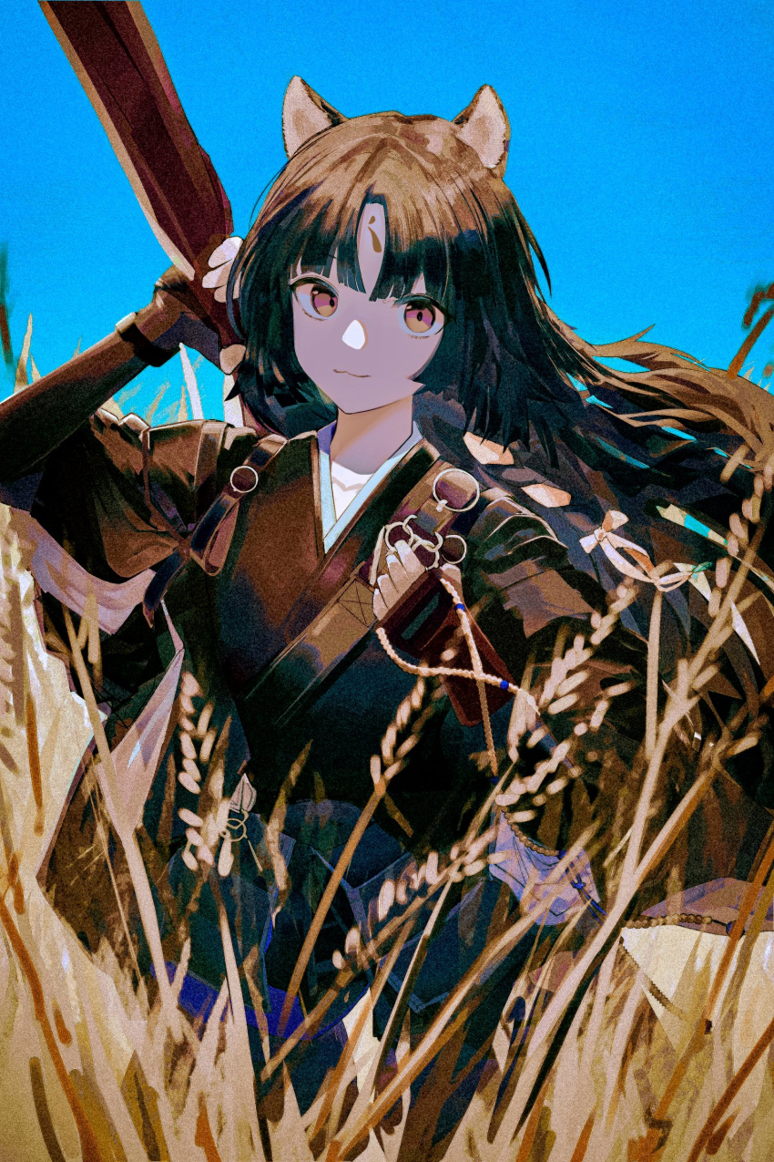 1girl :3 absurdres animal_ears arknights backlighting black_gloves black_kimono blue_sky brown_eyes brown_hair commentary dog_ears dog_girl facial_mark film_grain fingerless_gloves forehead_mark gloves highres holding japanese_clothes kimono long_hair looking_at_viewer outdoors parted_bangs runamonet saga_(arknights) sky smile solo upper_body wheat wheat_field