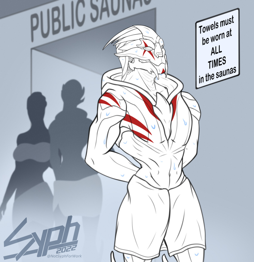 2022 alien alien_humanoid asari bodily_fluids bodypaint english_text eyes_closed face_paint female group hi_res humanoid male mass_effect maxilio_arrusso navel public sauna sign solo_focus standing sweat sypherus text towel towel_only turian