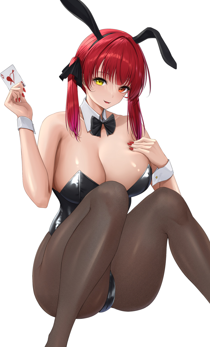 1girl absurdres animal_ears bare_shoulders black_bow black_bowtie black_leotard black_pantyhose black_ribbon blush bow bowtie breasts card cleavage detached_collar fake_animal_ears hair_ribbon heterochromia highres holding holding_card hololive houshou_marine huge_breasts laimer large_breasts leotard long_hair looking_at_viewer nail_polish open_mouth pantyhose playboy_bunny playing_card rabbit_ears red_eyes red_hair red_nails ribbon smile solo strapless strapless_leotard twintails virtual_youtuber white_background wrist_cuffs yellow_eyes