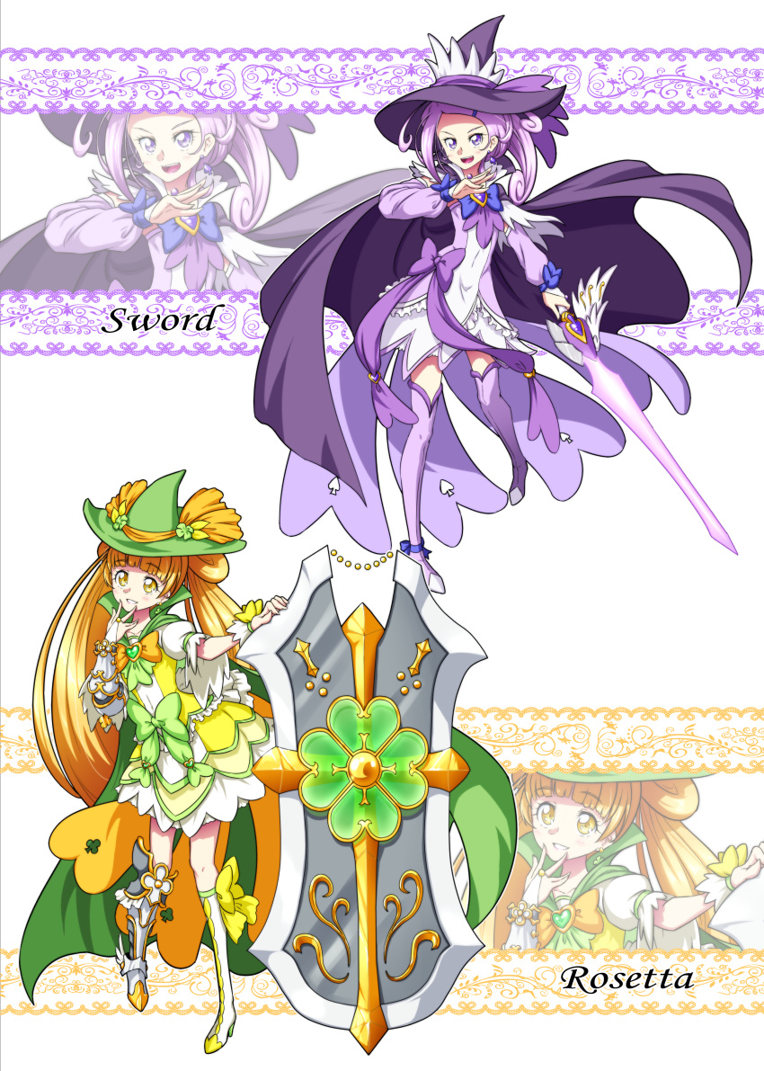 2girls :d absurdres adapted_costume alternate_costume boots bow cape character_name commentary_request cure_rosetta cure_sword detached_sleeves dokidoki!_precure dress earrings eyelashes hair_ornament happy hat highres jewelry kenzaki_makoto large_hat looking_at_viewer magical_girl matatabi_(karukan222) multiple_girls open_mouth orange_hair ponytail precure puffy_short_sleeves puffy_sleeves purple_bow purple_dress purple_eyes purple_footwear purple_hair purple_thighhighs shield short_hair short_sleeves side_ponytail smile standing sword thigh_boots thighhighs thighs twintails weapon witch witch_hat wrist_cuffs yellow_eyes yotsuba_alice