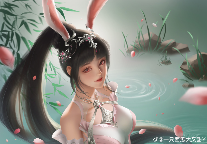 1girl absurdres bare_shoulders black_hair breasts closed_mouth douluo_dalu dress falling_petals fog grass hair_ornament highres long_hair medium_breasts petals pink_dress pink_eyes ripples rock second-party_source smile solo upper_body water xiao_wu_(douluo_dalu) yi_zhi_xigua_da_you_tian