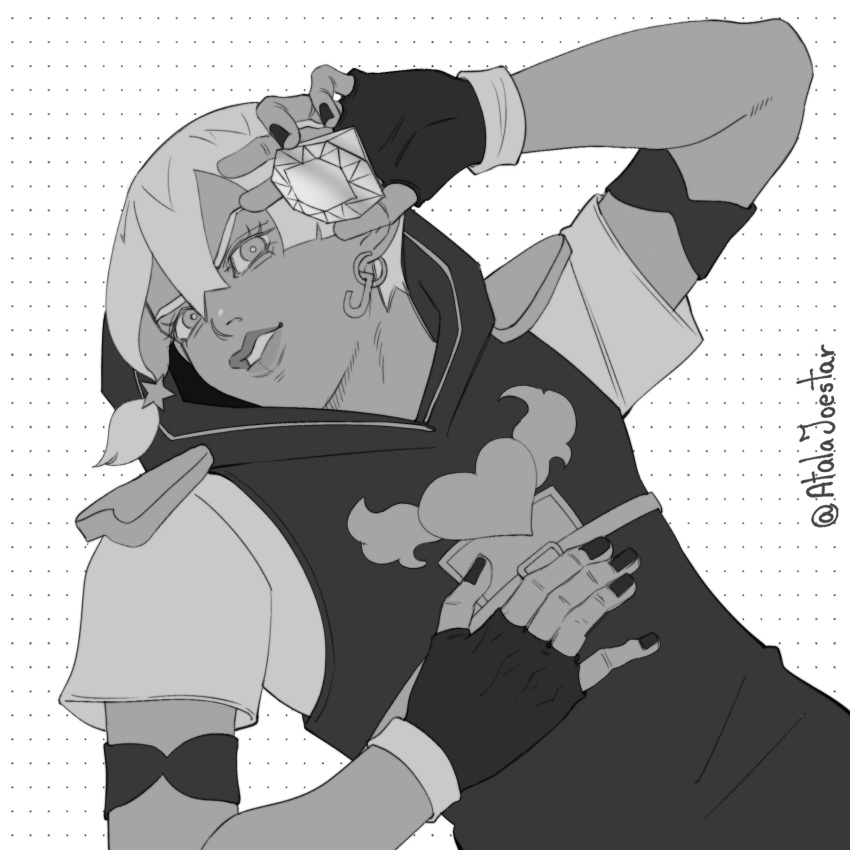 1boy atalajoestar earrings fingerless_gloves gem gloves greyscale hair_between_eyes hair_ornament highres holding holding_gem hood jewelry jodio_joestar jojo_no_kimyou_na_bouken lips lying male_focus monochrome nail_polish on_back short_sleeves side_ponytail solo star_(symbol) star_hair_ornament the_jojolands