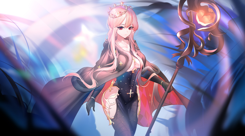 1girl absurdres azur_lane black_cape black_dress black_gloves breasts brown_hair cape chinese_commentary cleavage clemenceau_(azur_lane) closed_mouth collarbone commentary_request completion_time covered_navel cowboy_shot cross crown dress elbow_gloves f35a fur-trimmed_cape fur_trim gloves hair_between_eyes highres hip_vent holding holding_staff large_breasts long_hair looking_at_viewer red_cape red_eyes solo staff standing tight_clothes tight_dress tilted_headwear two-sided_fabric two-tone_cape