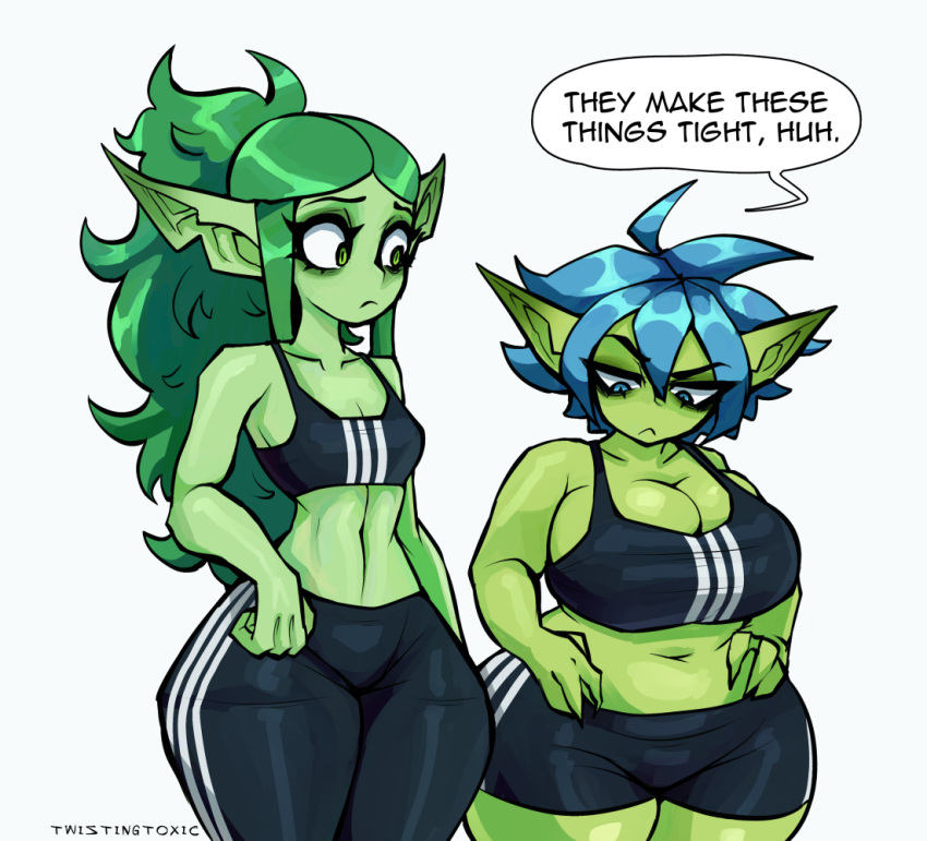 big_breasts bottomwear bra breasts clothed clothing duo female frown goblin green_body green_skin huge_breasts humanoid humanoid_pointy_ears midriff not_furry shorts simple_background sports_bra sports_bra_difference_meme twistingtoxic underwear white_background