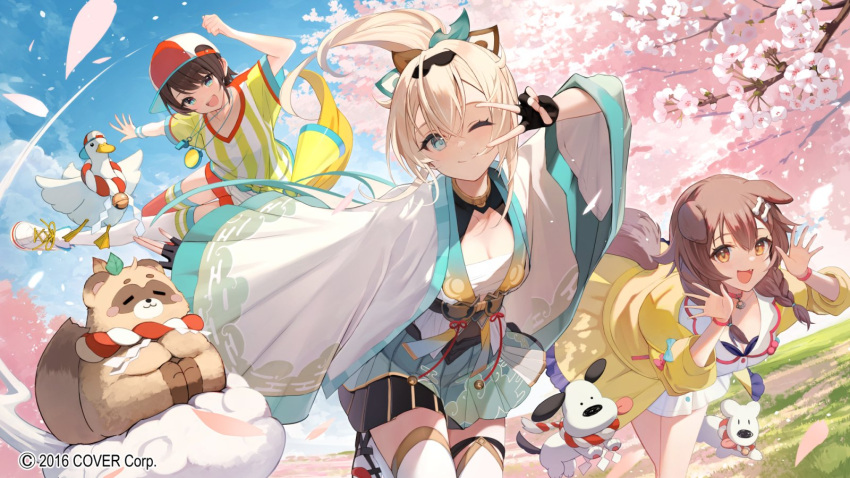 3girls animal_ears aqua_eyes bird black_gloves black_hair blonde_hair bone_hair_ornament braid brown_eyes chest_sarashi cowengium crossed_bangs dog dog_ears dog_girl duck falling_petals fingerless_gloves food gloves hair_ornament haori highres hololive inugami_korone japanese_clothes kazama_iroha looking_at_viewer multiple_girls official_art oozora_subaru open_mouth petals pokobee ponytail sarashi sidelocks subaru_duck thighhighs v virtual_youtuber white_thighhighs wide_sleeves