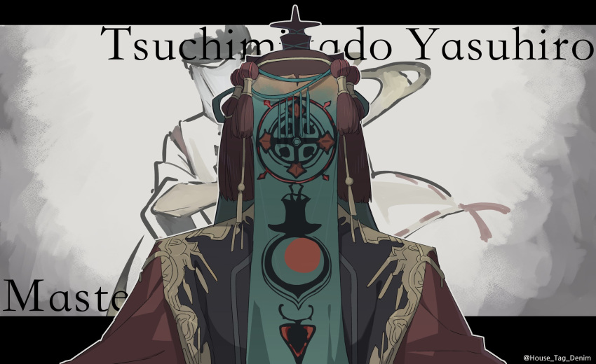 1boy black_headwear commentary covered_face facing_viewer fate/samurai_remnant fate_(series) gold_trim hair_ornament hat highres house_tag_denim japanese_clothes kimono male_focus solo solo_focus symbol-only_commentary tsuchimikado_yasuhiro_(fate) twitter_username upper_body wide_sleeves
