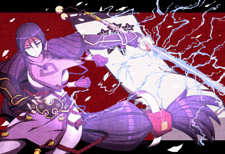 1girl absurdly_long_hair black_gloves bodysuit breasts closed_mouth commentary_request electricity fate/grand_order fate_(series) feet_out_of_frame fingerless_gloves gloves hair_between_eyes highres holding holding_sword holding_weapon katana kuri_dora large_breasts letterboxed lightning loincloth long_bangs long_hair looking_at_viewer low-tied_long_hair minamoto_no_raikou_(fate) purple_bodysuit purple_eyes purple_hair ribbed_sleeves rope smile solo sword vambraces very_long_hair weapon