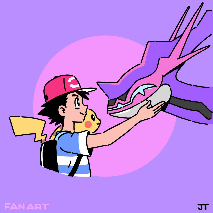 1boy ash_ketchum backpack bag black_bag black_eyes black_hair bright_pupils closed_mouth commentary from_side hand_up hat highres james_turner male_focus naganadel pikachu pink_headwear pokemon pokemon_(anime) pokemon_(creature) pokemon_sm_(anime) shirt short_hair short_sleeves signature smile striped striped_shirt t-shirt white_pupils