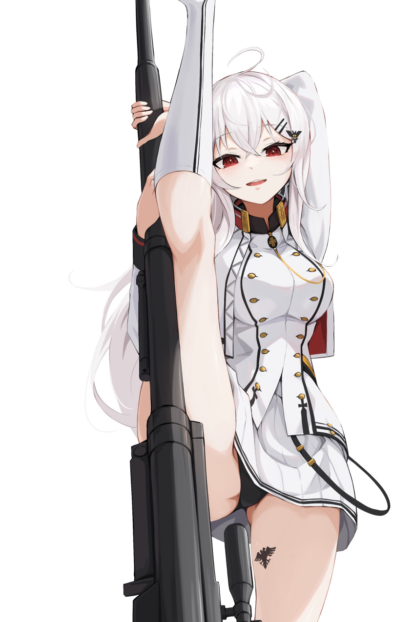 1girl absurdres ahoge anti-materiel_rifle black_panties bolt_action copycat001 flexible girls'_frontline gun highres holding holding_gun holding_weapon iws_2000_(girls'_frontline) leg_tattoo leg_up long_hair military_uniform panties pantyshot pleated_skirt red_eyes rifle skirt sniper_rifle split standing standing_on_one_leg standing_split steyr_iws_2000 tattoo underwear uniform weapon white_background white_hair white_skirt