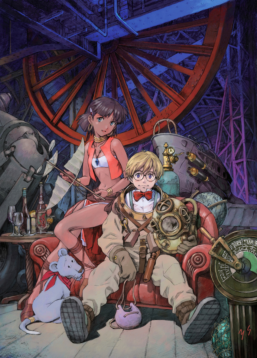 1boy 1girl :d :i absurdres artist_name bandeau bare_shoulders black_hair blonde_hair blush bob_cut bow bowtie bracelet brown_hair couch cropped_vest cross-laced_sandals cup dark-skinned_female dark_skin diving_helmet diving_suit drinking_glass fushigi_no_umi_no_nadia glasses globe helmet highres holding jean_roque_lartigue jewelry king_(nadia) light_brown_hair light_smile lion lion_cub midriff military_vehicle motor_vehicle nadia_la_arwall navel neck_ring non-web_source official_art on_couch open_clothes open_mouth open_vest pelvic_curtain pendant promotional_art red_bow red_bowtie red_vest sadamoto_yoshiyuki short_hair signature sitting smile strapless table tank textless_version tube_top vest white_bandeau wine_glass wooden_floor