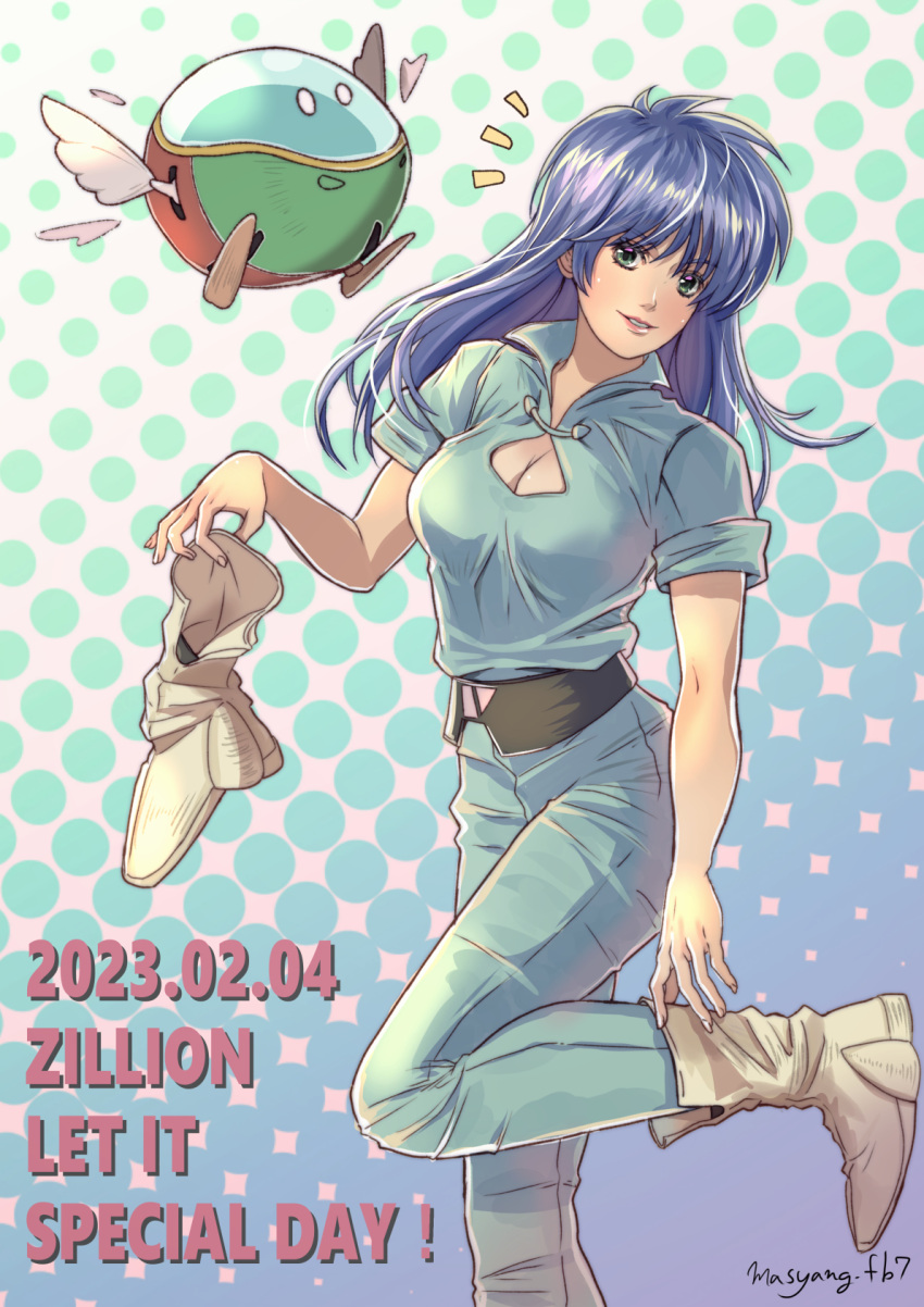 1girl akai_koudan_zillion apple_(zillion) artist_name belt black_belt blue_hair blue_pants blue_shirt blush boots boots_removed breasts cleavage cleavage_cutout clothing_cutout commentary_request copyright_name dated english_text engrish_text green_eyes head_tilt highres holding holding_boots holding_clothes holding_footwear looking_at_viewer medium_breasts notice_lines opa-opa pants parted_lips ranguage ryu_(masu_nantoka-san) shirt smile wings