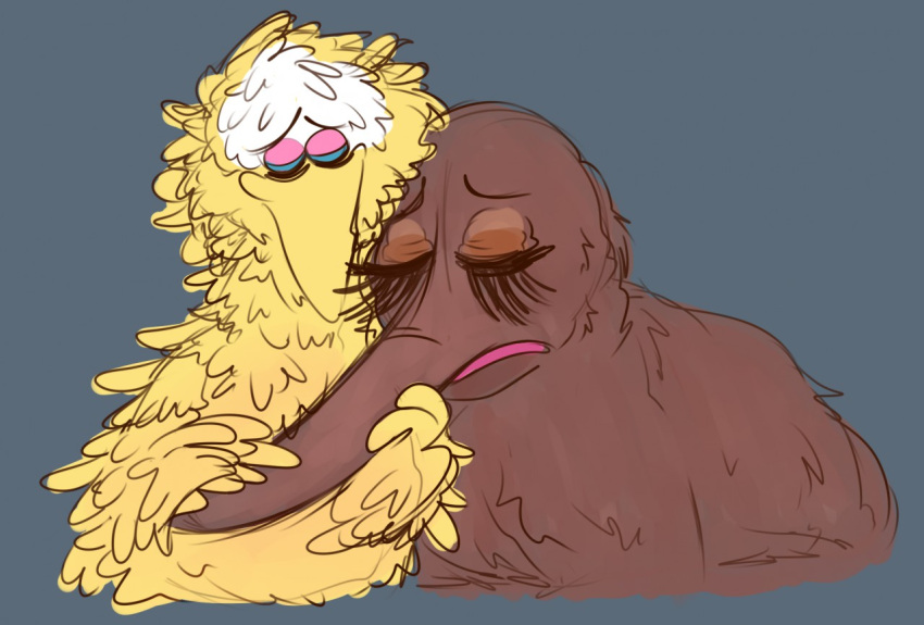 anthro avian beak big_bird bird brown_body brown_fur duo elephantid embrace eyelashes eyes_closed feathers feral fur grey_background hand_on_trunk hug long_eyelashes male mammal mr._snuffleupagus penguinfat proboscidean proboscis_(anatomy) sad sesame_street simple_background snuffleupagus trunk_(anatomy) white_body white_feathers wholesome yellow_beak yellow_body yellow_feathers