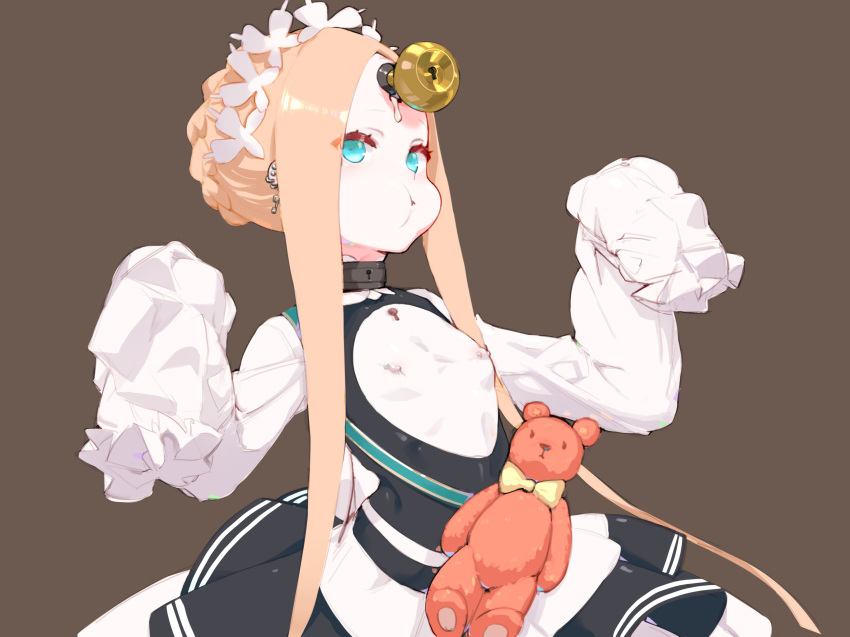 1girl abigail_williams_(fate) abigail_williams_(festival_outfit)_(fate) blonde_hair blue_eyes bow braid breast_cutout breasts brown_background choker dress earrings fate/grand_order fate_(series) hair_bow hair_up highres hitobashira_(1746164306) jewelry keyhole long_hair multiple_hair_bows nipple_piercing parted_bangs piercing puffy_cheeks sidelocks simple_background sleeves_past_fingers sleeves_past_wrists small_breasts solo stuffed_animal stuffed_toy teddy_bear upper_body