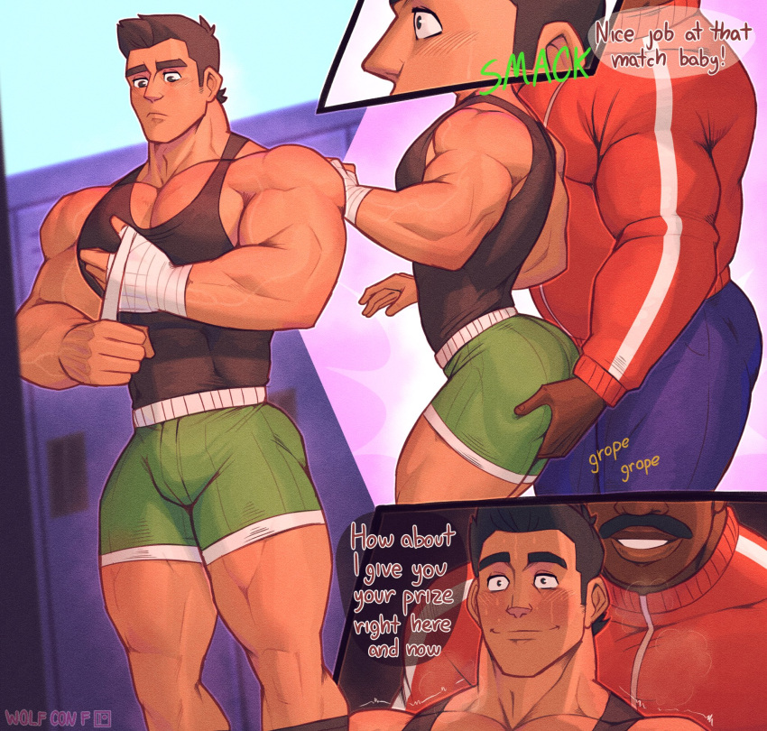 2boys artist_name ass bandaged_hand bandages bara black_hair black_tank_top blue_pants blush closed_mouth dark-skinned_male dark_skin english_text f_con facial_hair green_shorts groping hand_on_another's_ass highres interracial jacket large_pectorals little_mac male_focus multiple_boys muscular muscular_male mustache nervous_smile nervous_sweating pants pectoral_cleavage pectorals punch-out!! red_jacket sexual_harassment short_hair shorts sidepec smile sweat tank_top thick_lips thick_mustache thick_thighs thighs v-taper white_tank_top yaoi