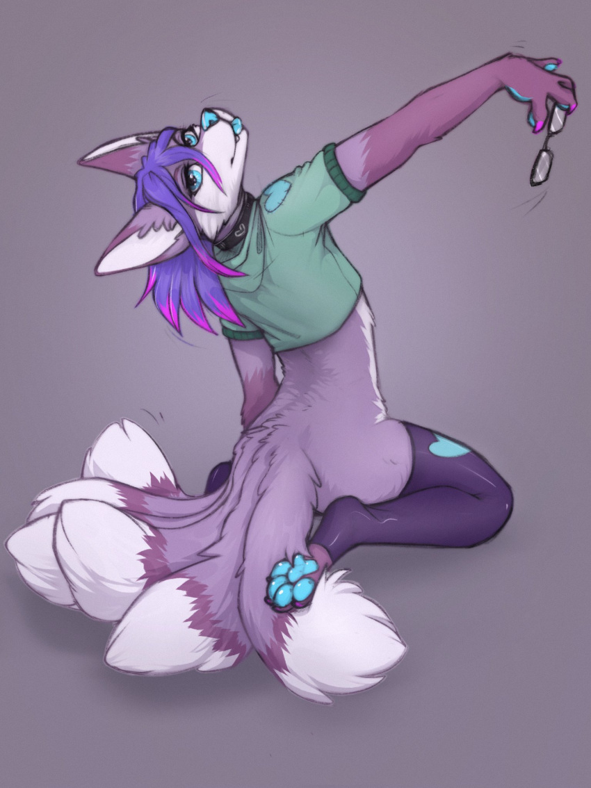 2023 4_toes anthro blep blue_nose blue_pawpads canid canine clothing crop_top digital_media_(artwork) dipstick_tail feet fox fur gloves_(marking) hair hi_res holding_glass holding_object legwear looking_at_viewer looking_back looking_back_at_viewer mammal markings multi_tail pawpads purple_body purple_fur purple_hair shirt solo tail tail_markings thigh_highs toes tongue tongue_out topwear yshanii
